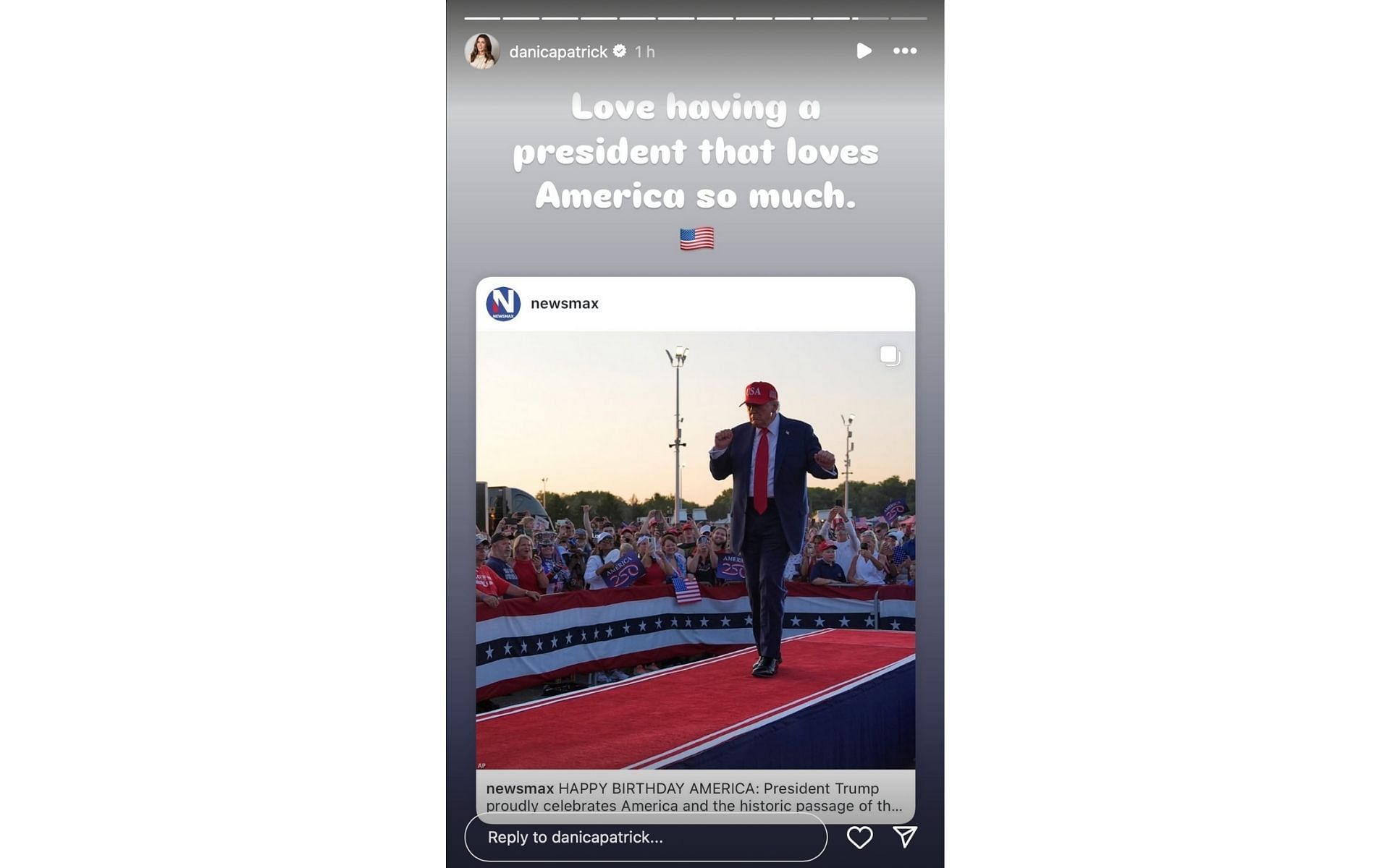 Danica Patrick's Instagram story on July 4 | Source: Instagram/@danicapatrick